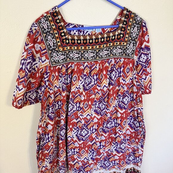 Vtg Womens Cotton MuMu Red Aztec Midi Dress 2X Short Sleeve Pockets Multicolor - Picture 2 of 9